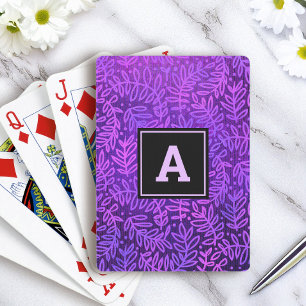 Purple leaf pattern bold monogram type modern playing cards