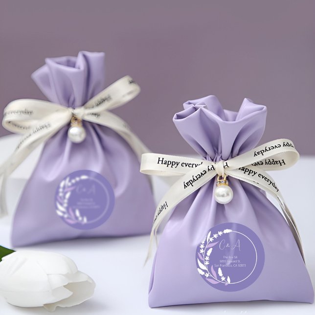 Purple Leafy Circle Initials Classic Round Sticker (Purple Leafy Circle Initials Classic Round Sticker on a purple gift bag)