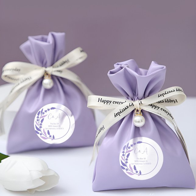 Purple Leafy Circle Initials Classic Round Sticker (Purple Leafy Circle Initials Classic Round Sticker on a wedding gift)