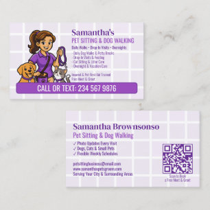 Purple Leash Dog Cat Cartoon Girl QR Pet Sitting Business Card