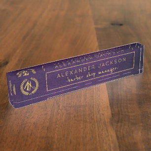 Purple Leather and Gold Logo Barber Shop Manger Nameplate