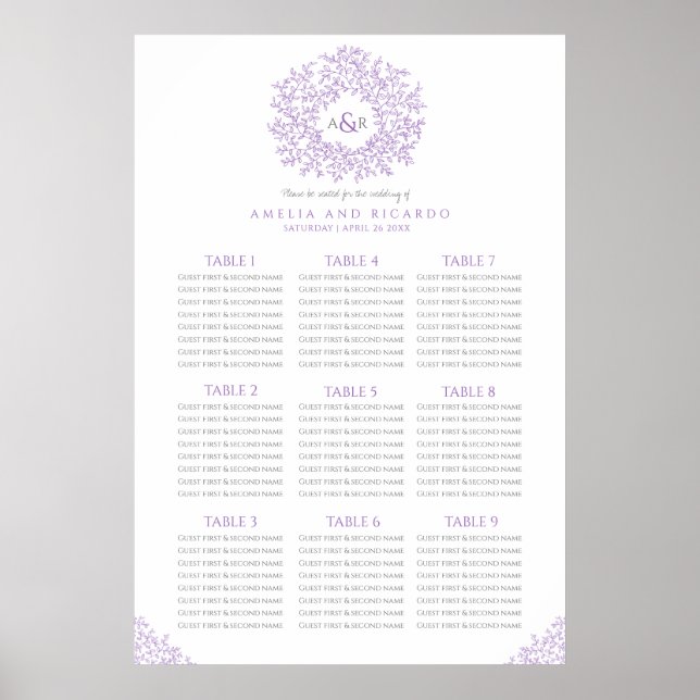 Purple leaves circle wedding seating chart poster (Front)