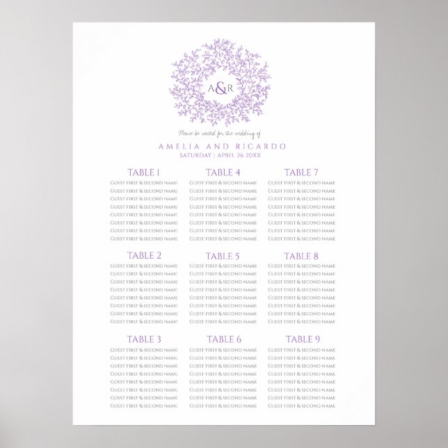Purple leaves circle wedding seating chart poster (Front)