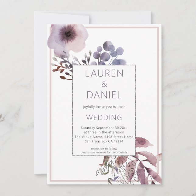 Purple Leaves Florals QR Code Wedding Invitation (Front)