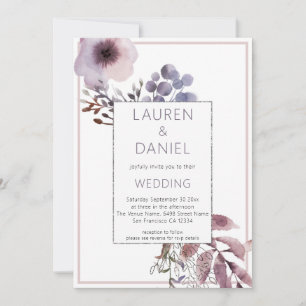 Purple Leaves Florals QR Code Wedding Invitation