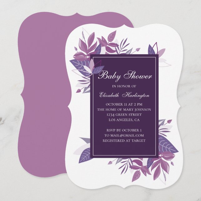 Purple leaves. Violet baby shower invitation (Front/Back)
