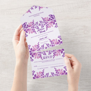 Purple Leaves Wedding Theme All In One Invitation