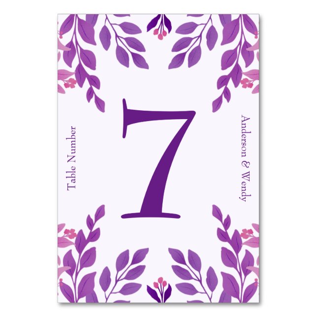 Purple Leaves Wedding Theme Table Number (Front)