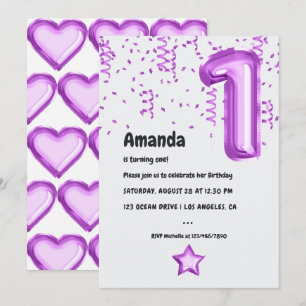 Purple Leopard Balloon 1st Xmas Birthday Invitation
