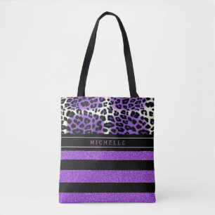 Purple Leopard & Black Purple Glitter Stripes Tote Bag