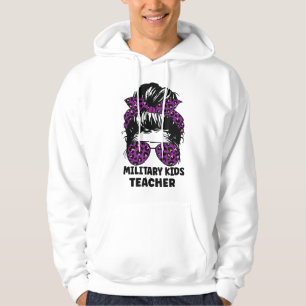 Purple Leopard Messy Bun For Military Kids Teacher Hoodie
