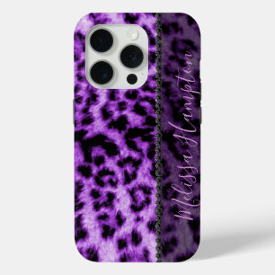 Purple Leopard Print & Black Diamonds – Add Name iPhone 15 Pro Case
