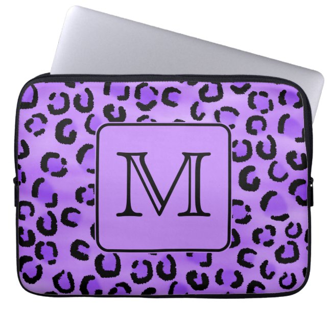 Purple Leopard Print Custom Monogram. Laptop Sleeve (Front)