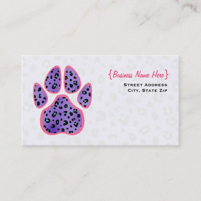 Purple Leopard Print Paw Print Business Card (Front)