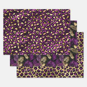 Purple Leopard Print with Gold Tropical Leaves Wrapping Paper Sheet
