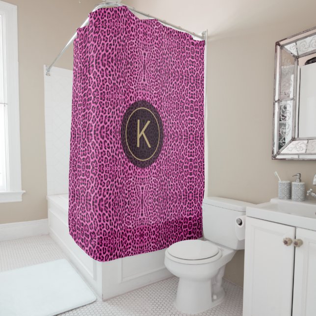 Purple Leopard Skin Print Pattern Custom Initial Shower Curtain (In Situ)