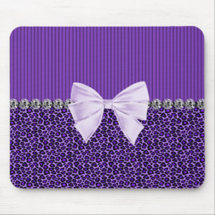 Purple Leopard with elegant bow faux diamond bling Mouse Mat