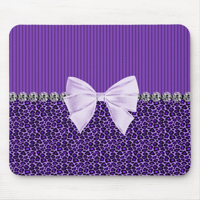 Purple Leopard with elegant bow faux diamond bling Mouse Mat (Front)