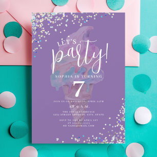 Purple Let's Party Rainbow Ice Cream Birthday Invitation