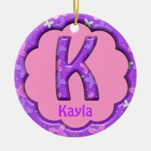 Purple Letter K Ornament w Butterflies~Custom Name