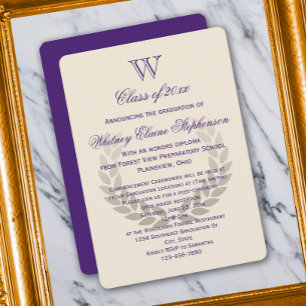 Purple Letter Monogram Classic College Graduation Invitation