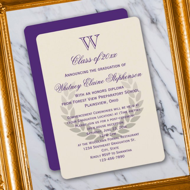 Purple Letter Monogram Classic College Graduation Invitation (Creator Uploaded)