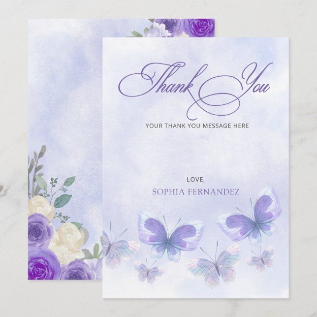 Purple Lifetime of Butterflies Bridal Shower  Thank You Card (Front/Back)