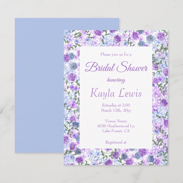 Purple & Light Blue Rose Border Bridal Shower Invitation (Front/Back)