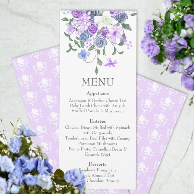 Purple Light Blue Rose Bouquet Dinner Menu Invitation (purple lavender light dusty blue wedding reception dinner menus, rose bouquet, springtime summer )
