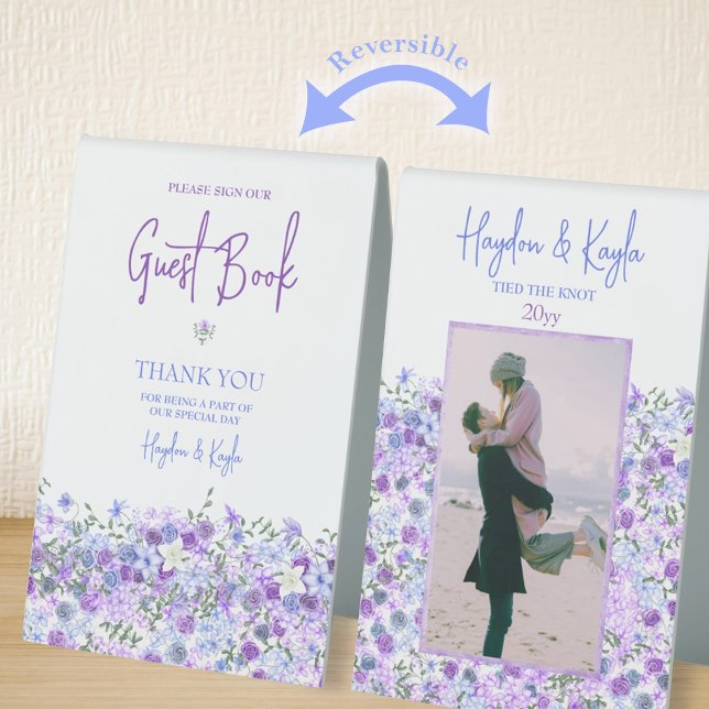 Purple, Light Blue Roses Wedding Guest Book (lavender and blue roses botanical wedding table signs, purple and light blue "sign our guestbook" )