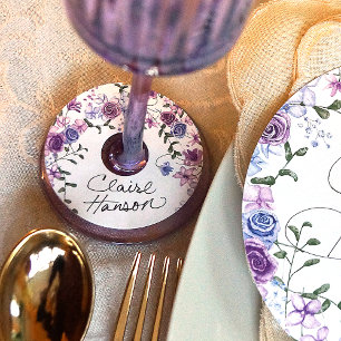 Purple & Light Blue Roses Wine Glass Tag Labels