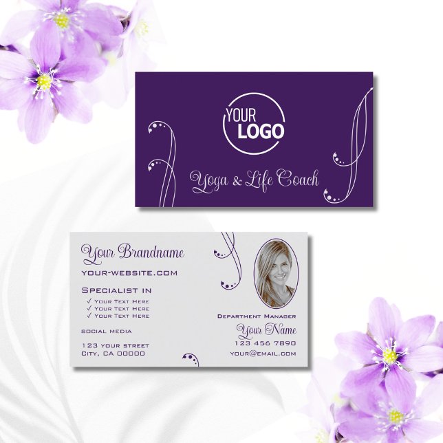 Purple Light Grey Chic Ornate with Logo and Photo Business Card (Creator Uploaded)
