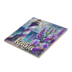 Purple Lighthouse w/Foxglove & Iris Personalised Tile
