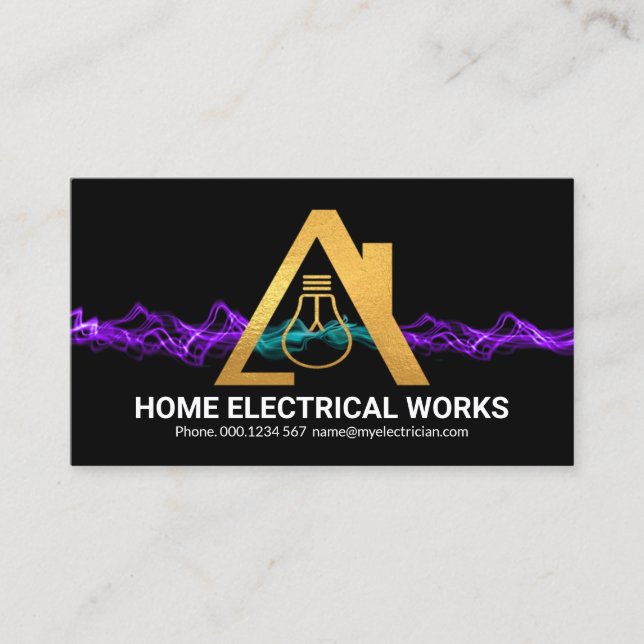 Purple Lightning Gold Bulb Home Electrician Business Card (Front)