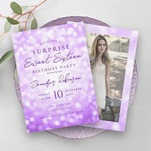 Purple Lights Photo SURPRISE Sweet 16   Invitation