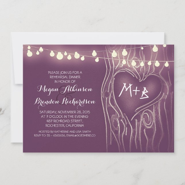 purple lights tree romantic rehearsal dinner invitation (Front)