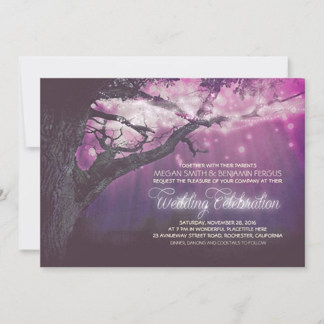 Purple Lights Tree Rustic Forest Wedding Invites (Front)