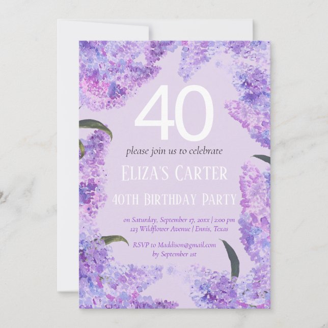 Purple Lilac 40th Floral Elegant Birthday  Invitation (Front)