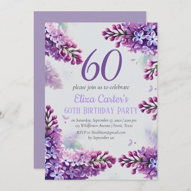 Purple Lilac 60th Floral Elegant Birthday  Invitation (Front/Back)