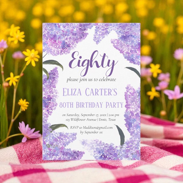 Purple Lilac 80th Eighty Floral Elegant Birthday  Invitation (Creator Uploaded)