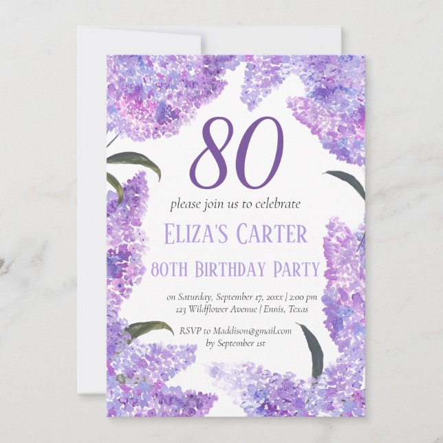 Purple Lilac 80th Floral Elegant Birthday  Invitation (Front)