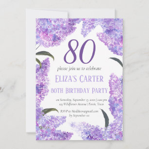 Purple Lilac 80th Floral Elegant Birthday Invitation