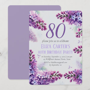 Purple Lilac 80th Floral Elegant Birthday Invitation