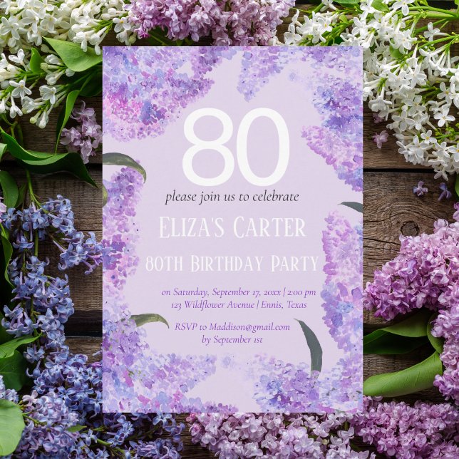 Purple Lilac 80th Floral Elegant Birthday  Invitation (Creator Uploaded)