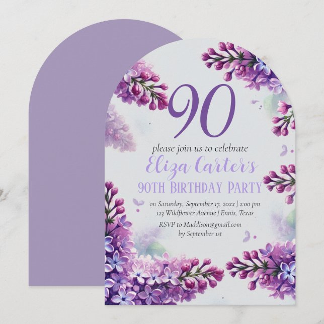 Purple Lilac 90th Floral Elegant Birthday  Invitation (Front/Back)