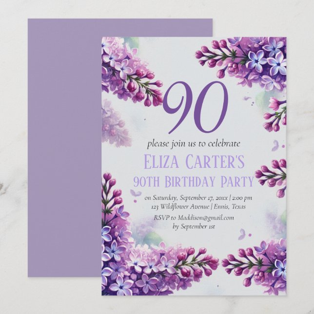 Purple Lilac 90th Floral Elegant Birthday  Invitation (Front/Back)