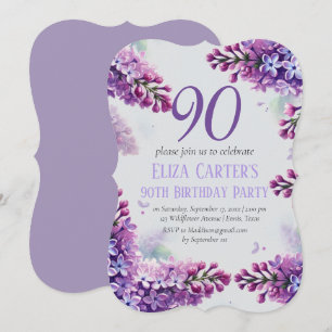 Purple Lilac 90th Floral Elegant Birthday Invitation