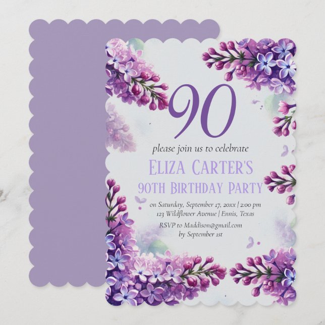 Purple Lilac 90th Floral Elegant Birthday  Invitation (Front/Back)