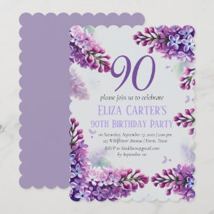Purple Lilac 90th Floral Elegant Birthday  Invitation