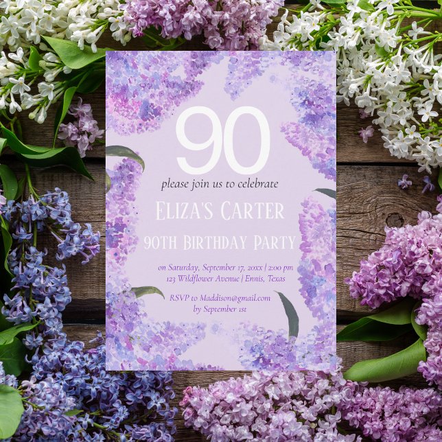 Purple Lilac 90th Floral Elegant Birthday  Invitation (Creator Uploaded)
